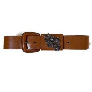 Betsey Johnson Tan Rhinestone Floral Buckle Belt Size M Y2K Boho Western